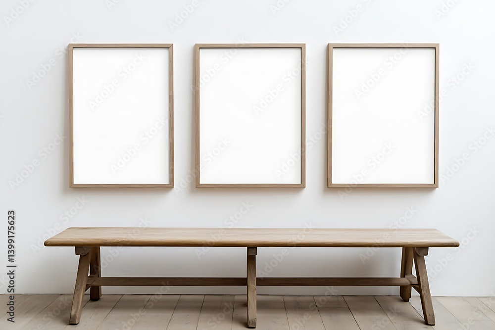 Empty Picture Frames and Rustic Wooden Bench against a White Wall Empty Picture Frames and Rustic Wooden Bench against a White Wall