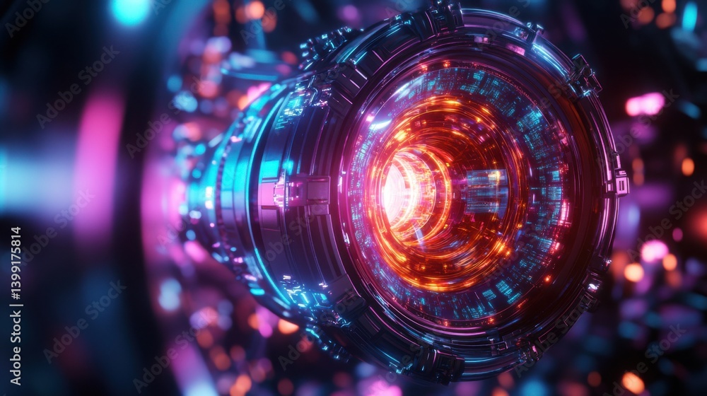 a hyper-detailed 3D rendering of a glowing fusion reactor, with futuristic neon plasma