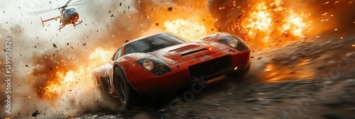 Thrilling escape: Red sports car races amidst explosion with a helicopter overhead