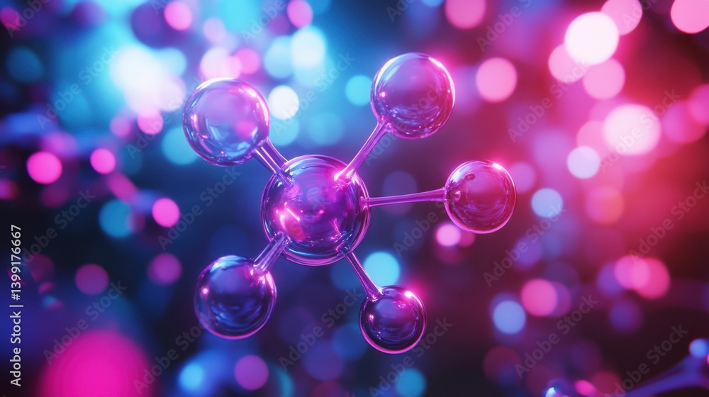 a hyper-detailed 3D rendering of a glowing molecule model, with futuristic neon bonds