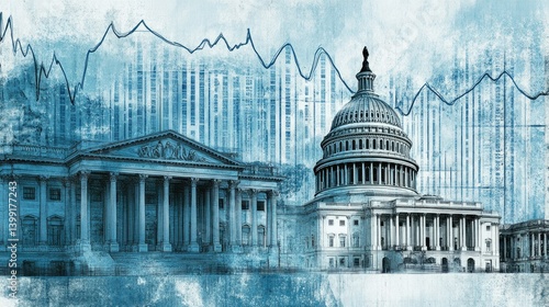 US Capitol Building and Treasury Department Amidst Economic Downturn Stock Market Graph