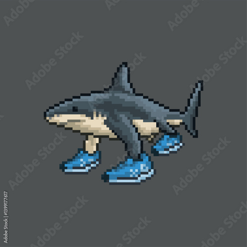 Shark wearing sneakers, pixel art meme