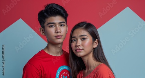 filipino teen couple on red plain bright background modern chic fashion pose  model portrait  portrait banner with copy space ad concept marketing