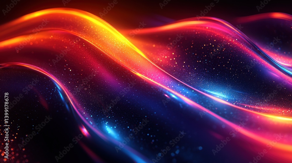 Fototapeta premium Abstract glowing wavy liquid, vibrant colors, dark background, digital art