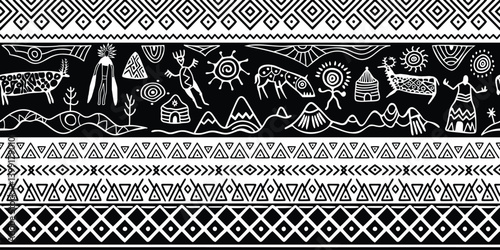 Ethnic seamless border on the theme of rock paintings, petroglyphs and geometric pattern, vector design, banner