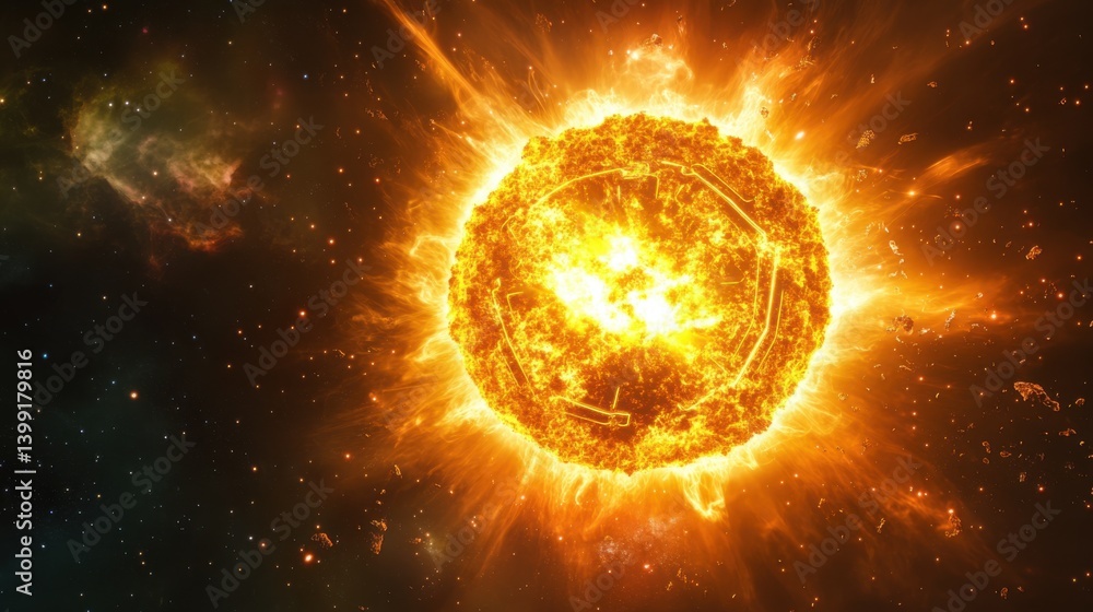 a hyper-detailed 3D rendering of a glowing supernova, with futuristic neon explosions and holographic data