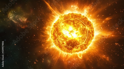 Obraz na płótnie a hyper-detailed 3D rendering of a glowing supernova, with futuristic neon explosions and holographic data w salonie