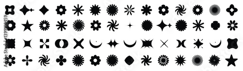 Vector basic shape. Brutalist abstract geometric shapes and grids. Brutal contemporary figure star oval spiral flower and other primitive elements. Modern trendy minimalist basic figure, flower, stars