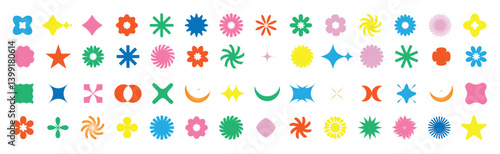 Basic shape. Brutalist abstract geometric shapes and grids. Brutal contemporary figure star oval spiral flower and other primitive element. Modern trendy colorful minimalist basic figure, flower, star