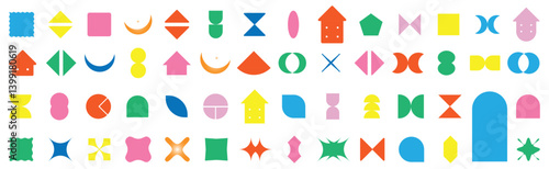 Set of colorful basic shapes. Brutalist abstract geometric shapes and grids. Brutal contemporary figure star oval spiral flower and other primitive elements. Vector basic shape. Geometric formal shape