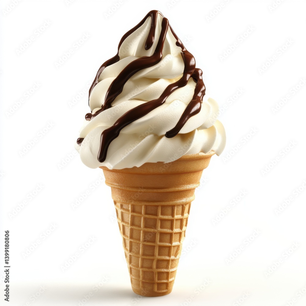 a hyper-detailed 3D rendering of a ice cream cone, with a swirl of vanilla ice cream and a chocolate