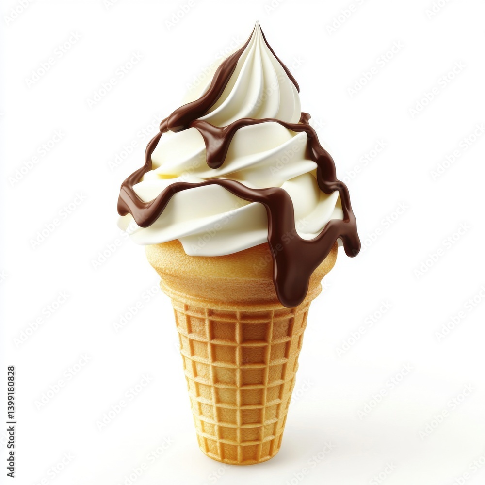 a hyper-detailed 3D rendering of a ice cream cone, with a swirl of vanilla ice cream and a chocolate