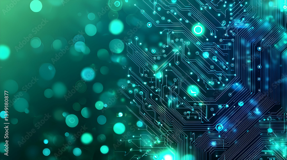 Abstract Circuit Board Graphic With Teal Bokeh Background