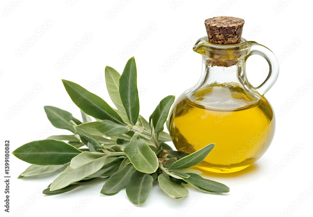 Olive Oil in Glass Bottle with Cork Top and Olive Leaves Isolated on White Background Olive Oil in Glass Bottle with Cork Top and Olive Leaves Isolated on White Background