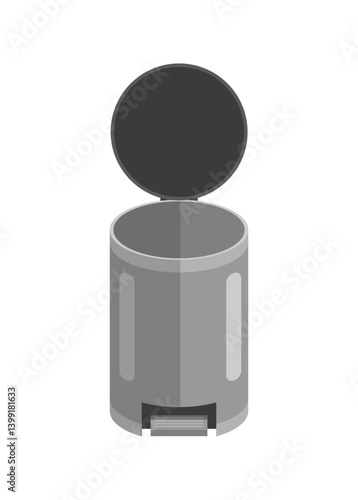 Opened metallic trash bin with pedal. Simple flat illustration.