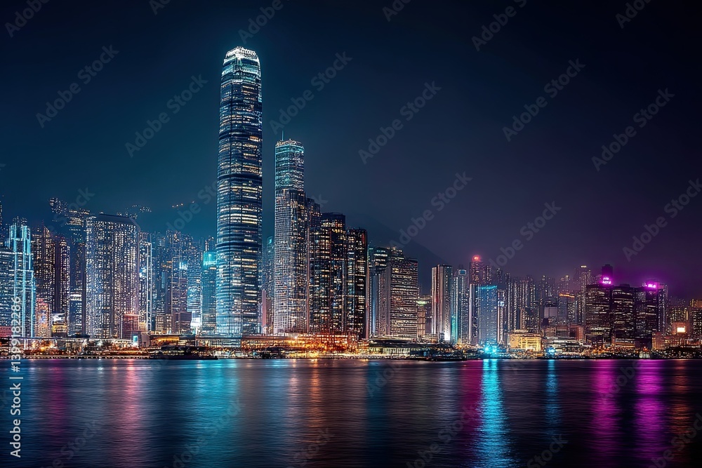 Obraz premium Hong Kong's breathtaking skyline illuminated at twilight over calm reflective waters