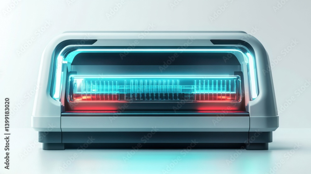 a hyper-detailed 3D rendering of a laboratory PCR machine on a white background