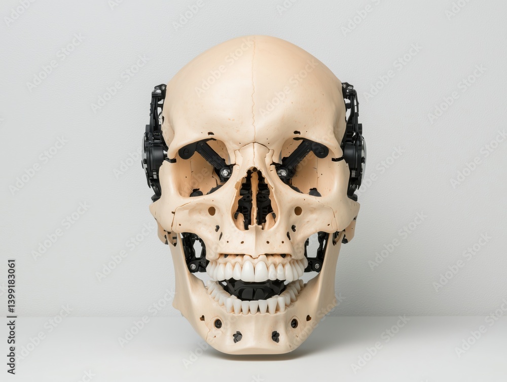 Human skull with black mechanical components around eye sockets and jaw Human skull with black mechanical components around eye sockets and jaw