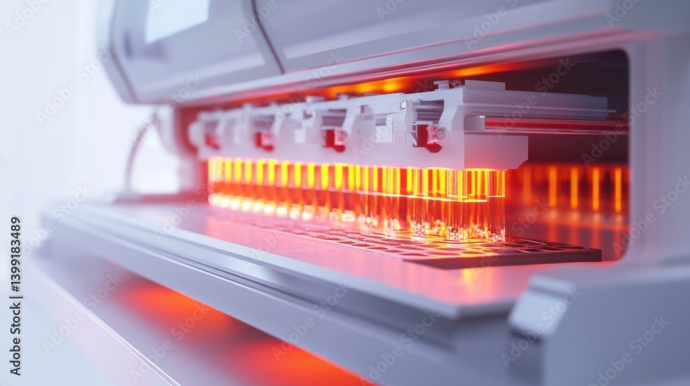 a hyper-detailed 3D rendering of a laboratory PCR machine on a white background