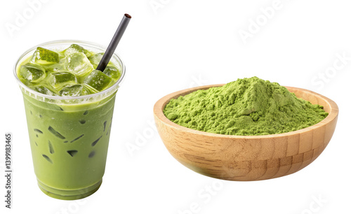 Japanese iced matcha latte with green matcha powder in a wooden bowl on a transparent background png