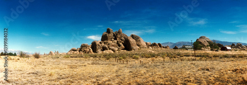 Panoramic view of rock formations in the Alabama Hills, California, USA.