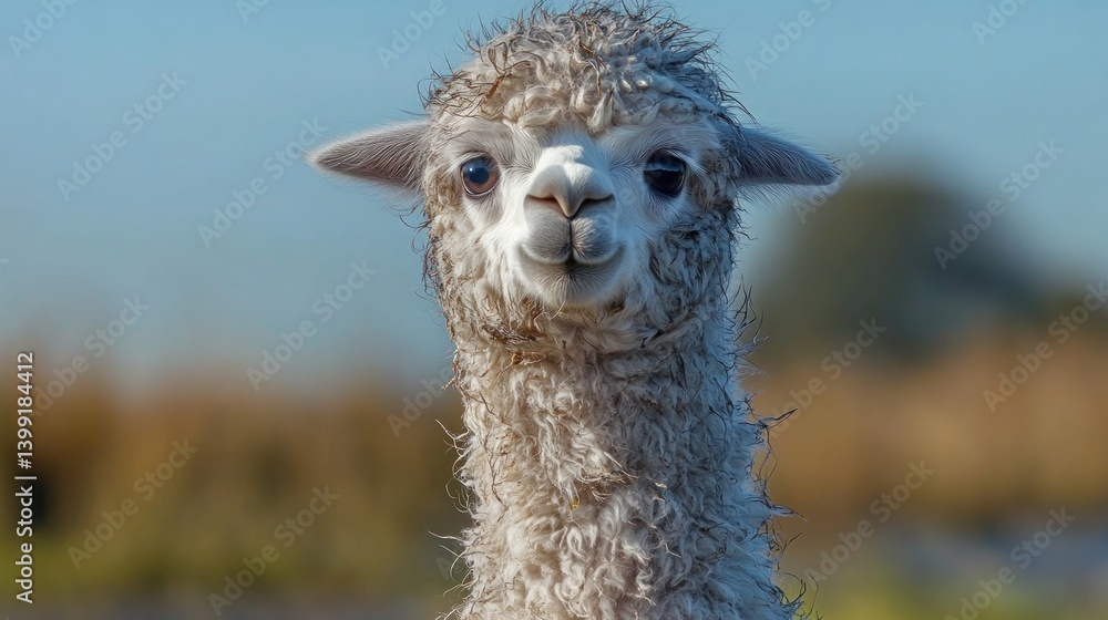 Obraz premium Adorable Alpaca Portrait: A Fluffy Friend in the Field