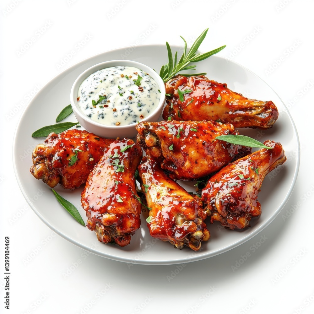a hyper-detailed 3D rendering of a plate of chicken wings, with a spicy glaze and a side of blue cheese