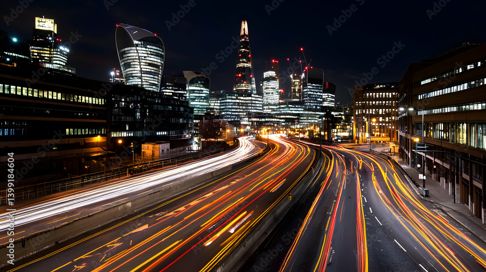 Obraz premium London City Nighttime Traffic Lights Blurred View