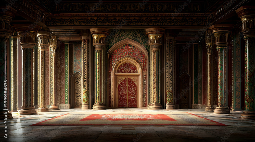Fototapeta premium Ornate Palace Hall Interior With Golden Columns And Decorative Details