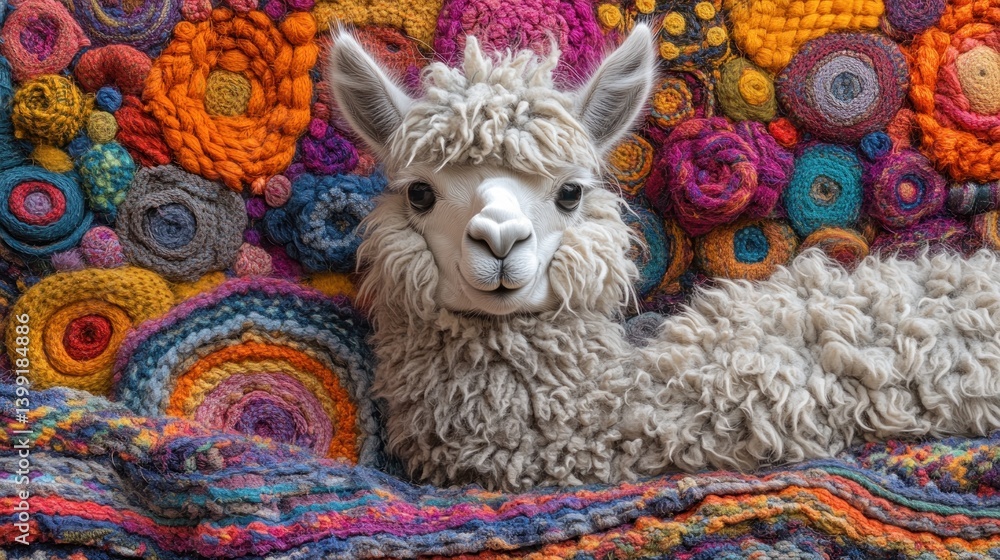 Obraz premium Adorable Alpaca Resting on a Vibrant Knitted Blanket