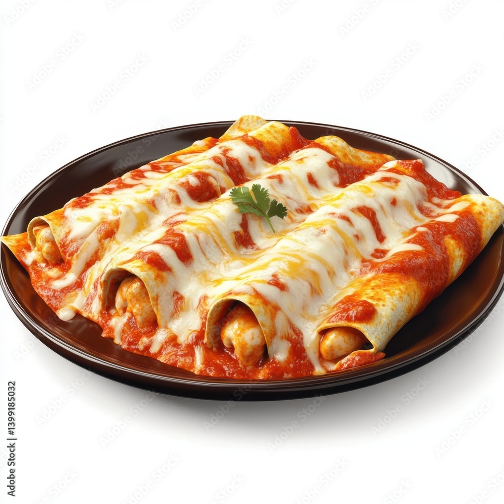 a hyper-detailed 3D rendering of a plate of enchiladas, with corn tortillas, chicken, and melted cheese,