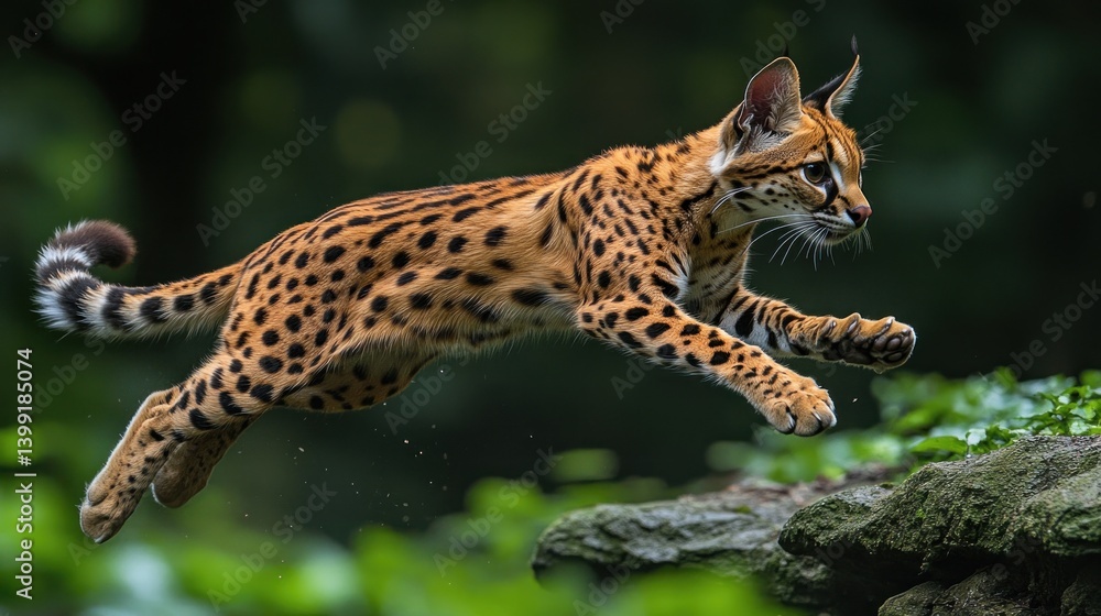 Obraz premium Serval Cat in Mid-Air Leap: A Stunning Wildlife Photo