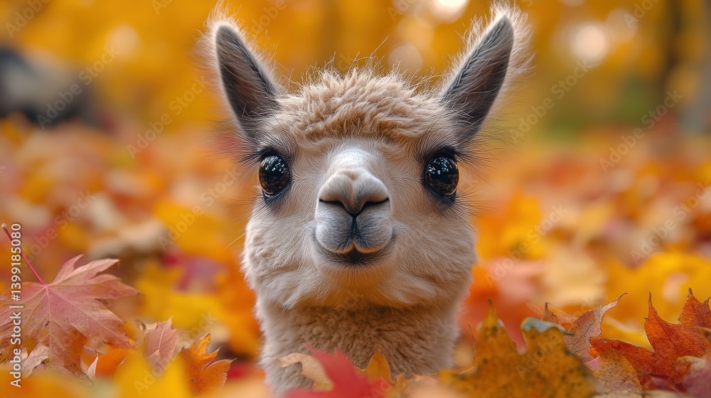 Obraz premium Adorable Alpaca in Autumn Leaves: A Delightful Fall Scene