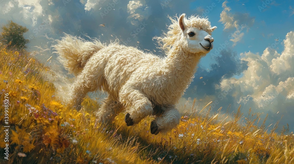 Obraz premium Joyful Alpaca Galloping Across a Sunny Meadow