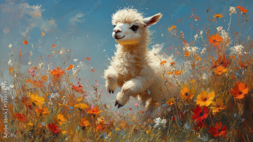 Naklejka premium Joyful Alpaca Leap in a Vibrant Wildflower Meadow
