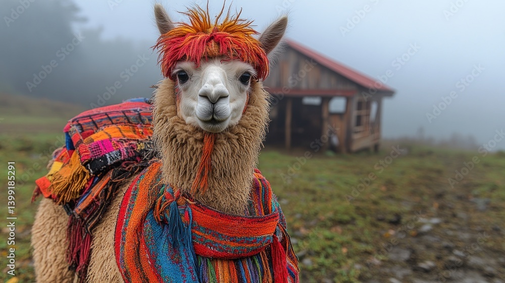 Naklejka premium A Colorful Llama in the Andes Mountains