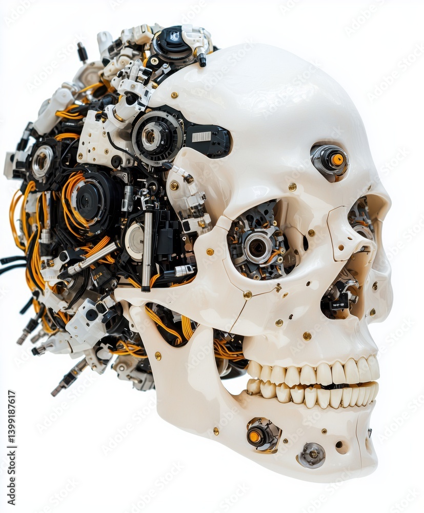 Fototapeta premium Intricate mechanical human skull with gears and wires on white background