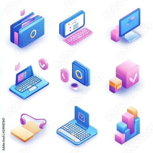 Wallpaper Mural Colorful isometric illustrations of various digital tools and resources Torontodigital.ca