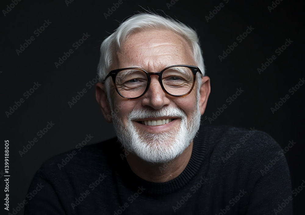 Obraz premium Joyful elderly man with white beard and glasses smiling against a dark background