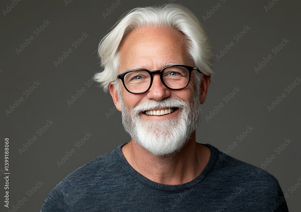 Portrait of a Smiling Older Man with Gray Hair and Glasses Against a Neutral Background
