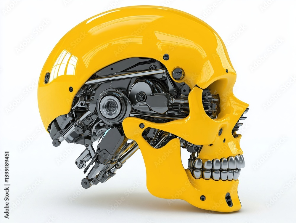 Yellow mechanical human skull with visible robotic components Yellow mechanical human skull with visible robotic components