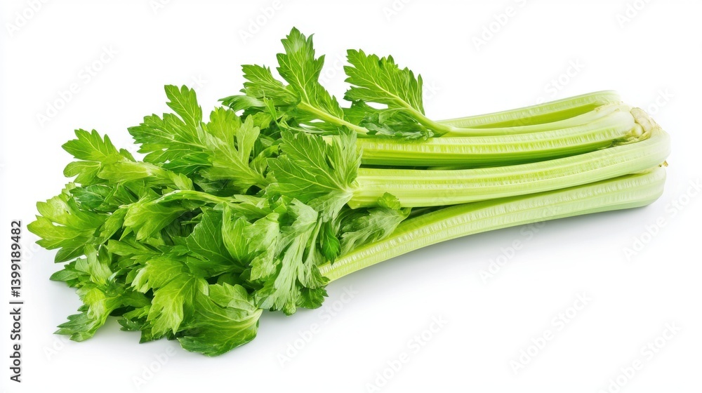 a hyper-detailed centered composition of a fresh celery stalk, with crisp texture and green leaves,