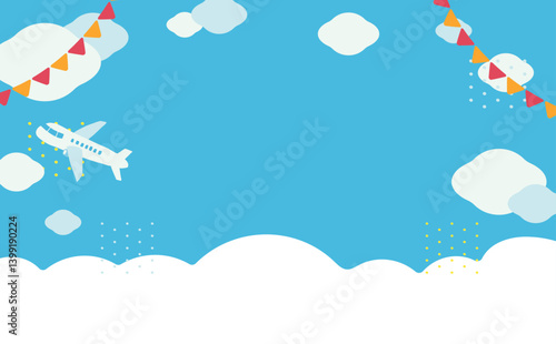 Background illustration of sky, airplane and garland flag