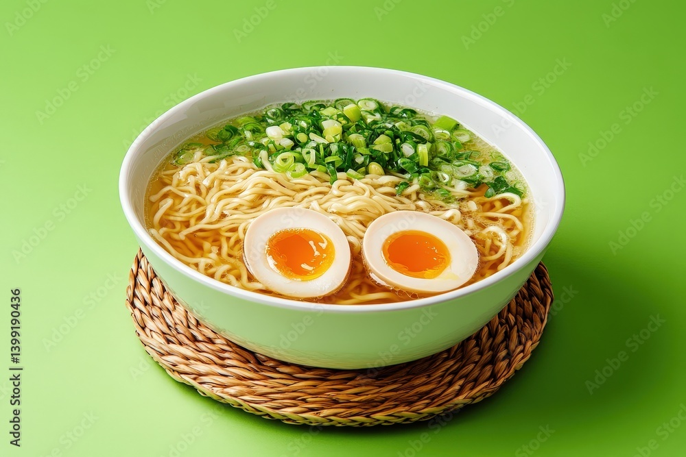 A bowl of flavorful ramen with soft-boiled eggs. A bowl of flavorful ramen with soft-boiled eggs.