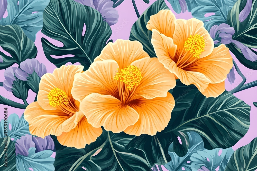 custom made wallpaper toronto digitalVibrant Hibiscus Flowers Tropical Leaves Botanical Print