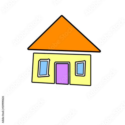 Colorful cartoon house with an orange roof and blue windows, set against a plain background