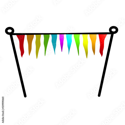 Colorful decorative flags hanging on a simple line against a white background, creating a festive atmosphere
