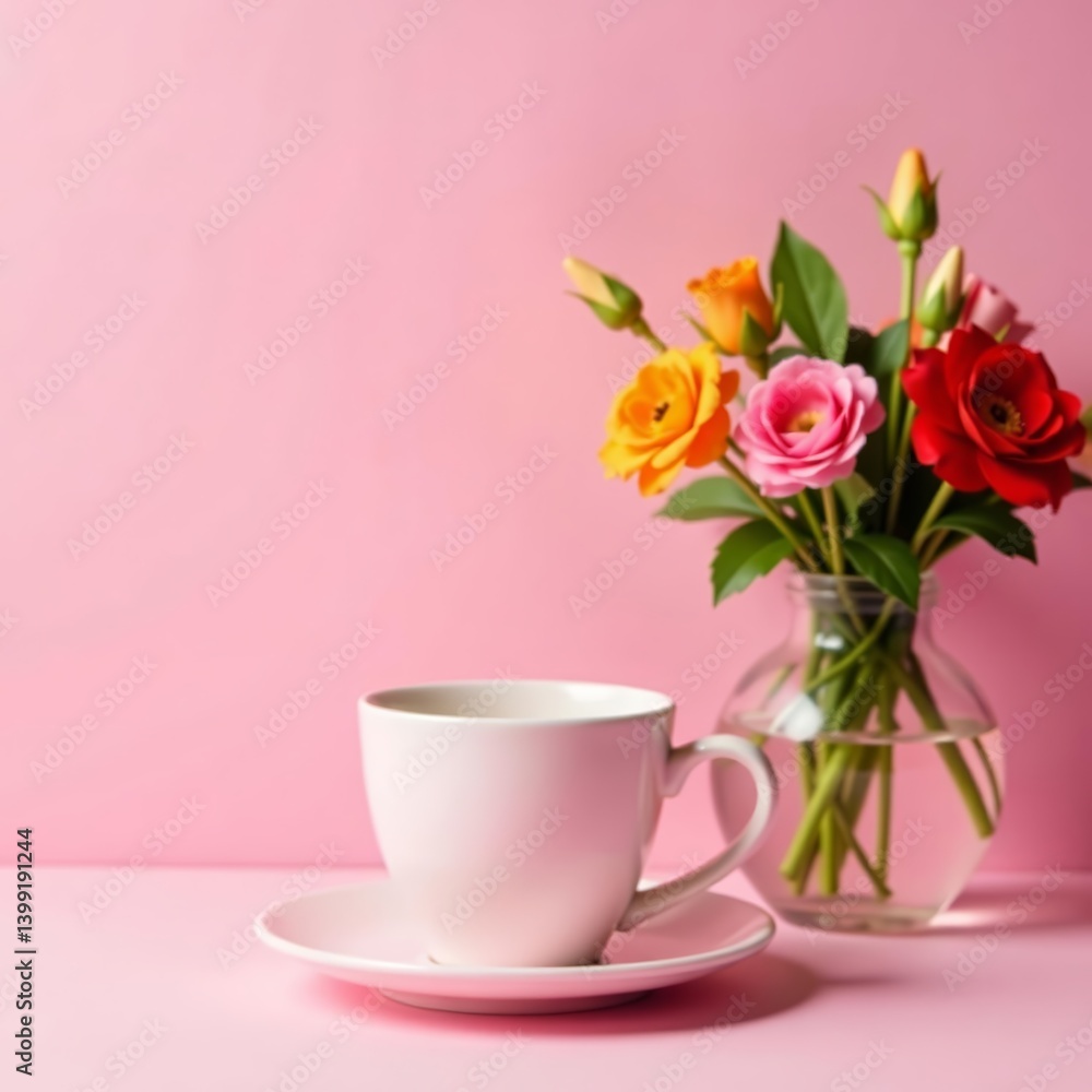 A stylish cup of tea next to a vase of fresh flowers on a pink background, decoration, tea, fresh A stylish cup of tea next to a vase of fresh flowers on a pink background, decoration, tea, fresh