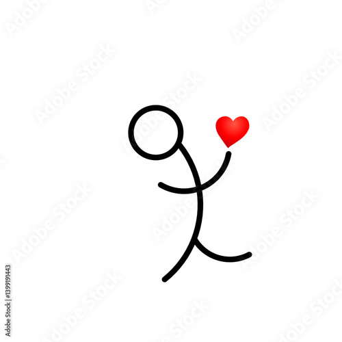 Simple stick figure holding a red heart, symbolizing love and affection in a minimalist style