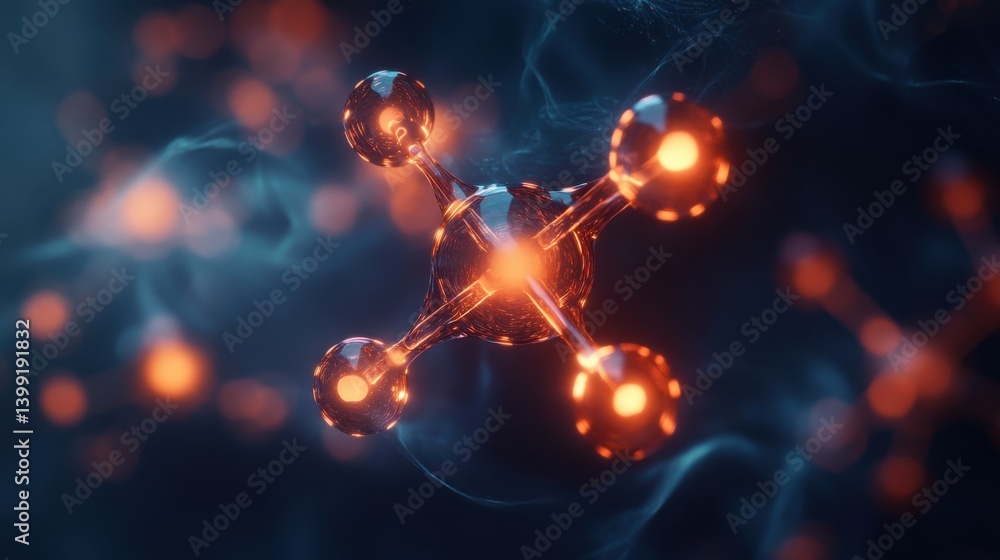 a hyper-detailed macro view of a nitrogen molecule (N2), with glowing triple bond, on a dark blur background